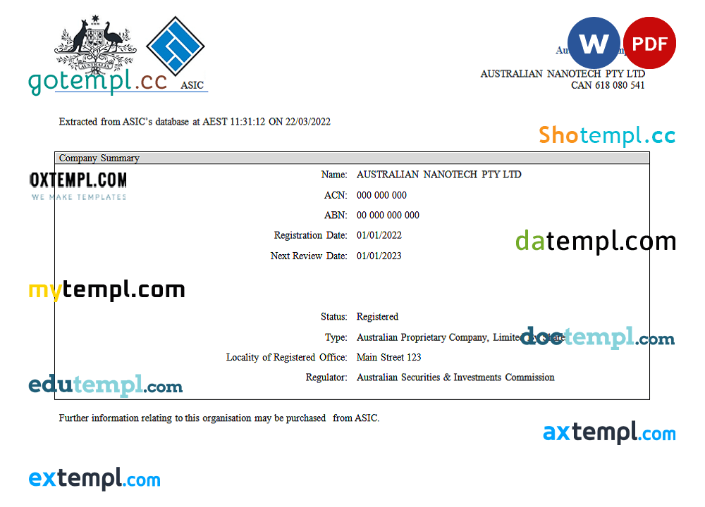 Australiann Securities and Investments Commission's (ASIC) Certificate of Company Registration 2