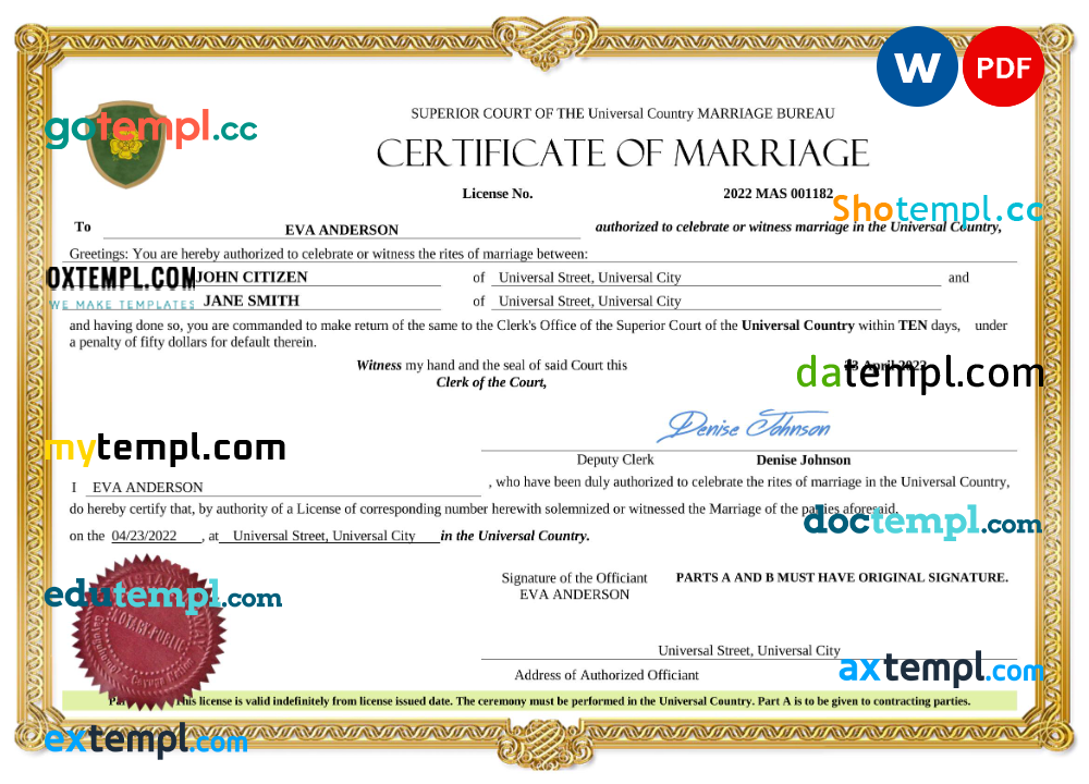 # grace universal marriage certificate Word and PDF example, fully editable