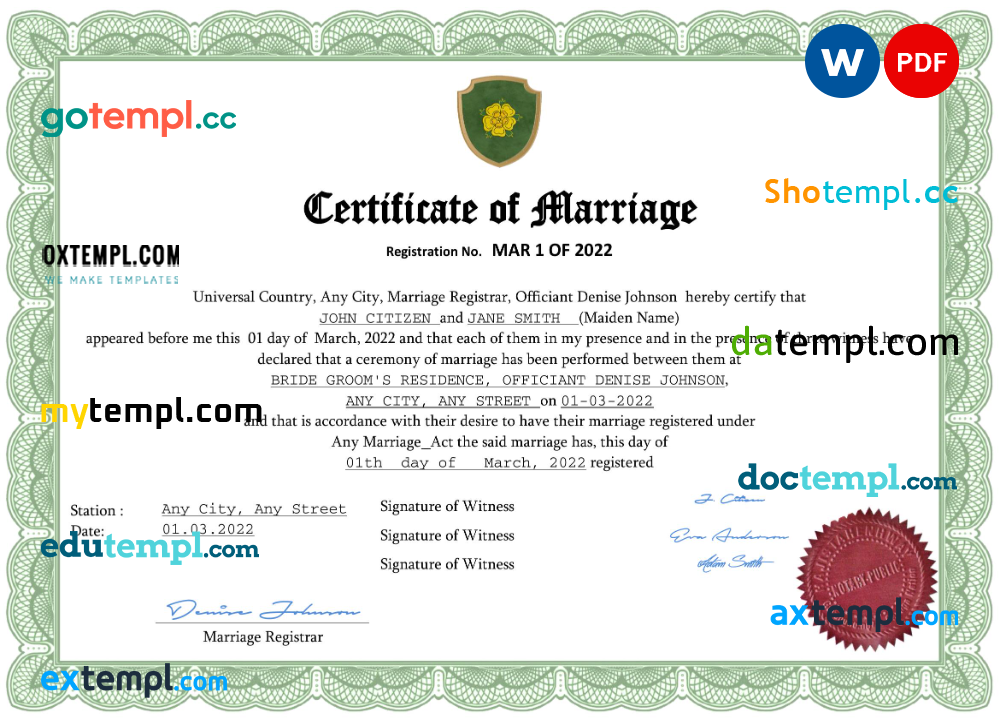 # fancy universal marriage certificate Word and PDF example, completely editable