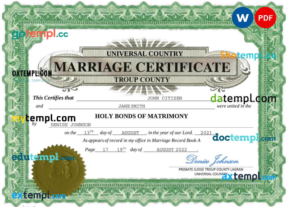 # lush design universal marriage certificate Word and PDF example, fully editable