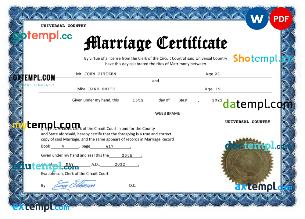 # happy universal marriage certificate Word and PDF example, completely editable