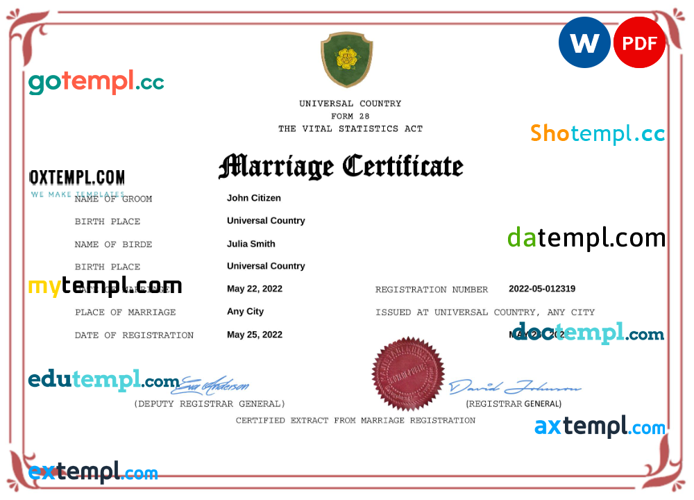 # lure universal marriage certificate Word and PDF example, completely editable