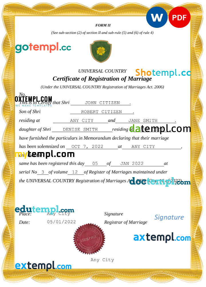 # dreams universal marriage certificate Word and PDF example, fully editable
