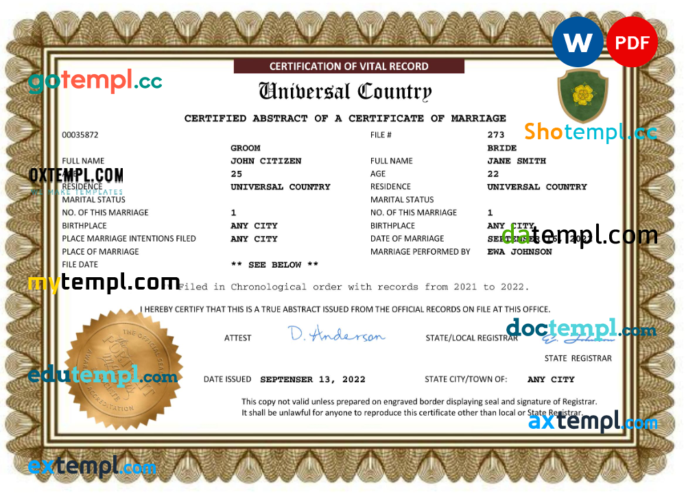 # smart universal marriage certificate Word and PDF example, completely editable