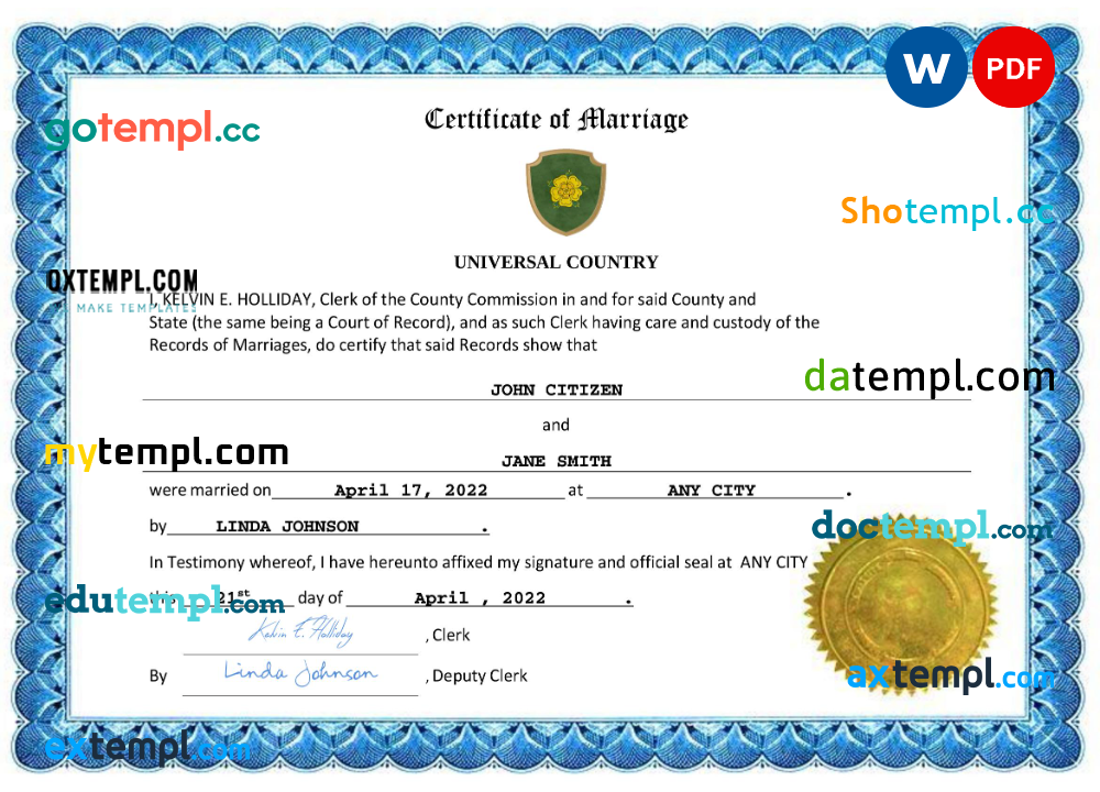# hypnotic universal marriage certificate Word and PDF example, fully editable