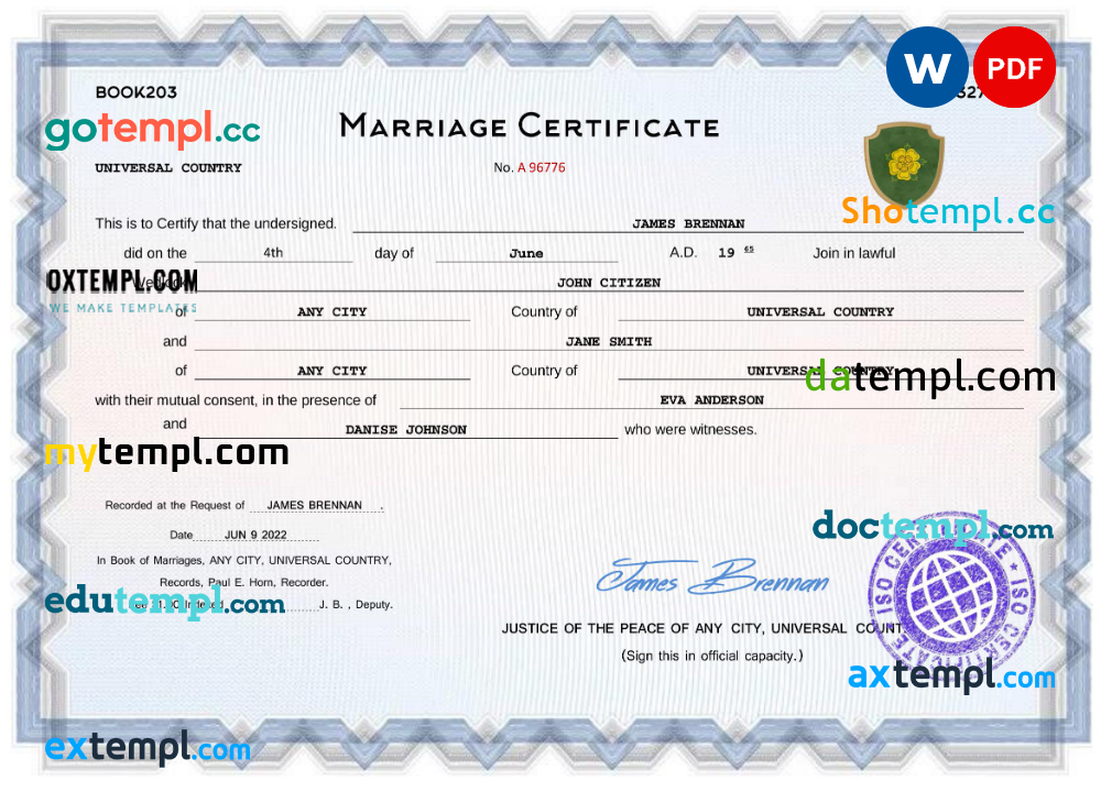 # full-frontal universal marriage certificate Word and PDF example, fully editable