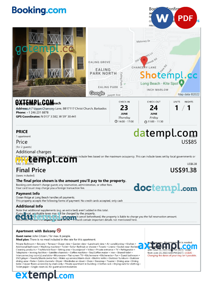 Barbadian hotel booking confirmation Word and PDF example, 2 pages