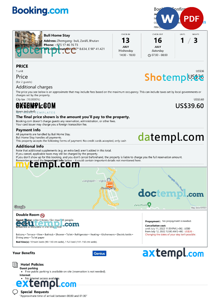 Bhutanese hotel booking confirmation Word and PDF example, 2 pages