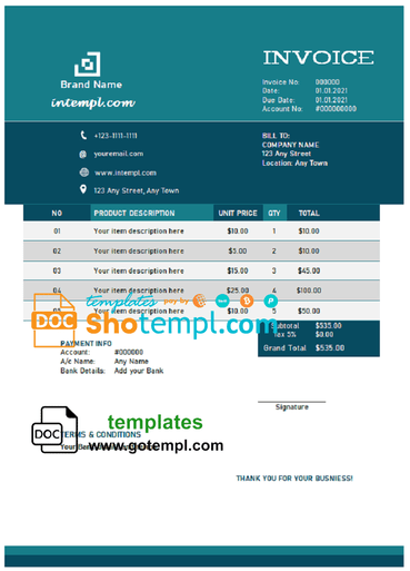 # clear logic universal multipurpose good-looking invoice example in Word and PDF format, fully editable