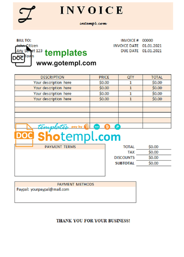 # swift supply universal multipurpose professional invoice example in Word and PDF format, fully editable