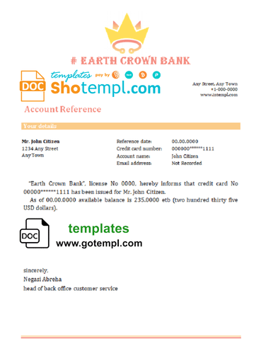 # earth crown bank universal multipurpose bank account reference example in Word and PDF format