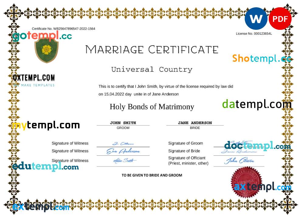 # fresh universal marriage certificate Word and PDF example, completely editable