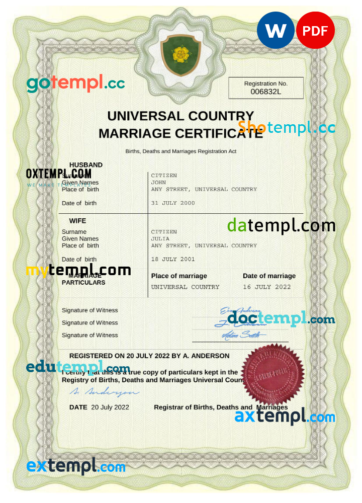 # comfort universal marriage certificate Word and PDF example, completely editable
