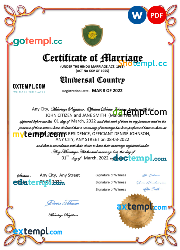 # gloss universal marriage certificate Word and PDF example, completely editable