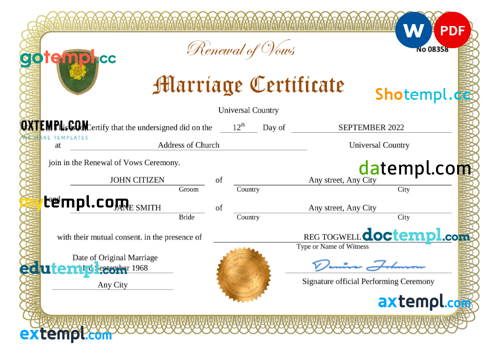 # romance universal marriage certificate Word and PDF example, completely editable