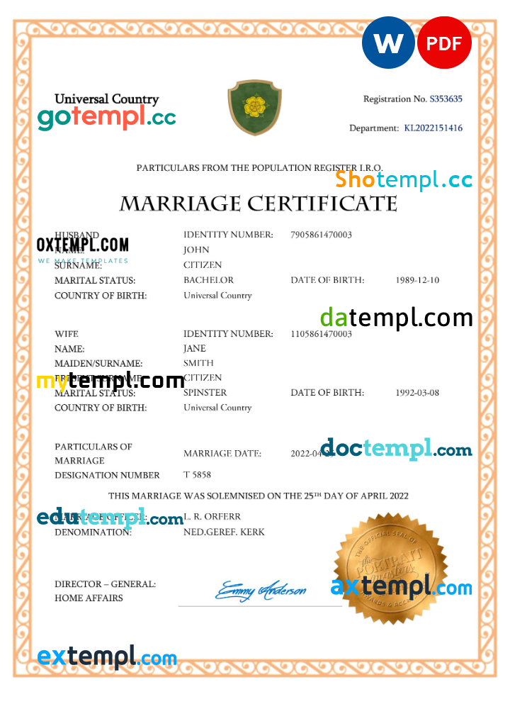 # charm universal marriage certificate Word and PDF example, fully editable