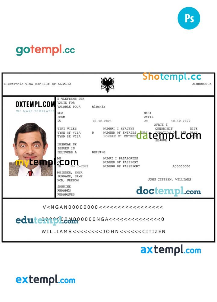 Albanian Electronic Visa PSD example, with fonts