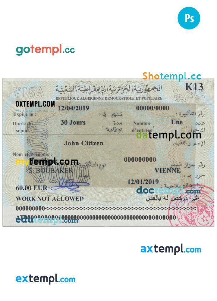 Algerian travel visa PSD example, with fonts