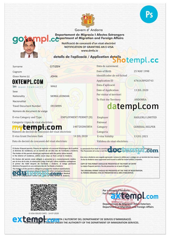 Andorran E-visa PSD example, completely editable, with fonts