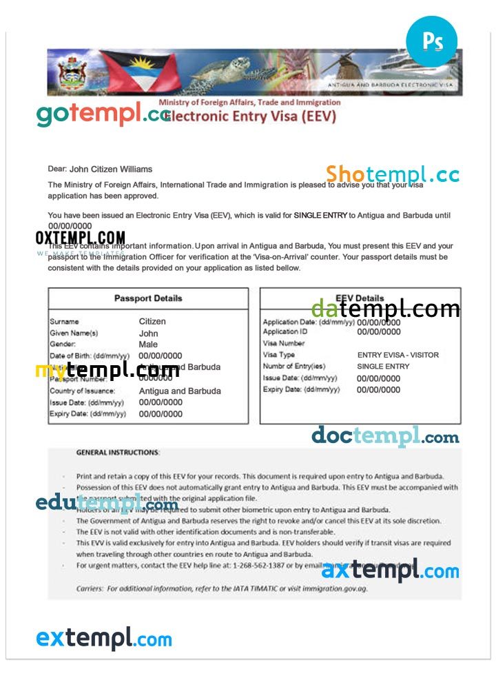 Antiguan and Barbudan Electronic Entry Visa PSD example, completely editable, with fonts