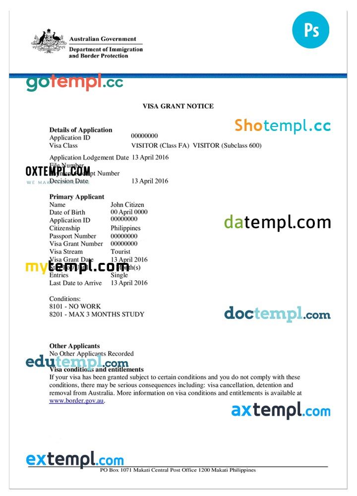 Australian e-visa PSD example, completely editable, with fonts