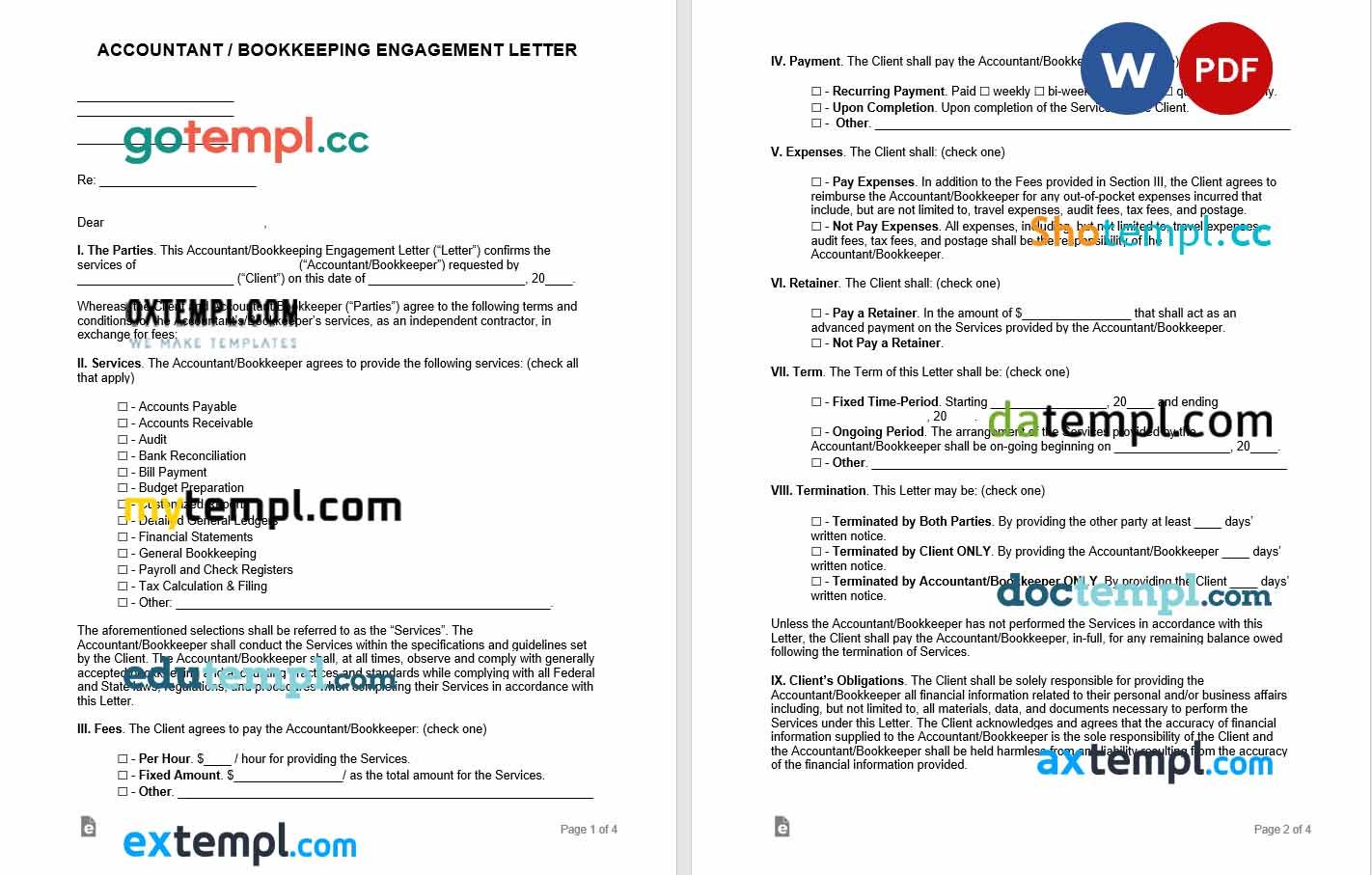 free download accountant bookkeeping engagement letter example, Word and PDF format