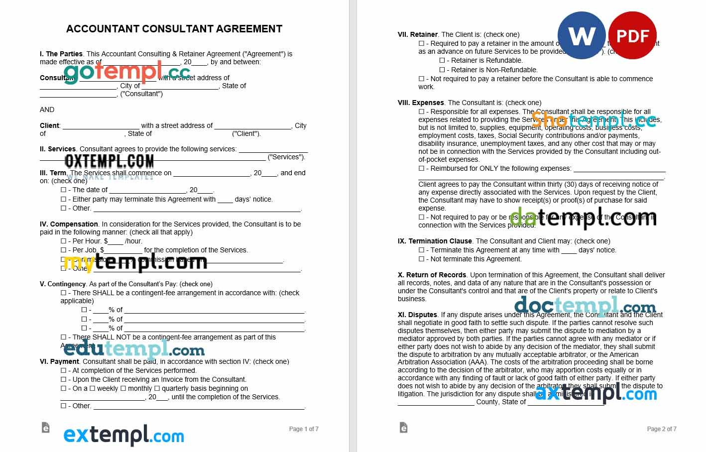 free download accountant consultant service agreement example, Word and PDF format