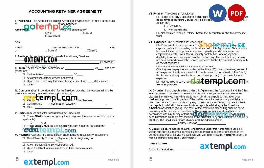 free download accounting retainer agreement example, Word and PDF format