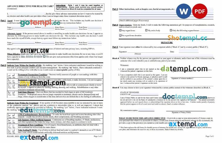 free download advance directive for health care example, Word and PDF format