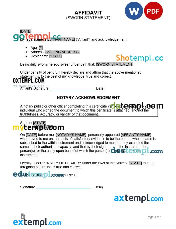 free download Affidavit Sworn statement example, Word and PDF format