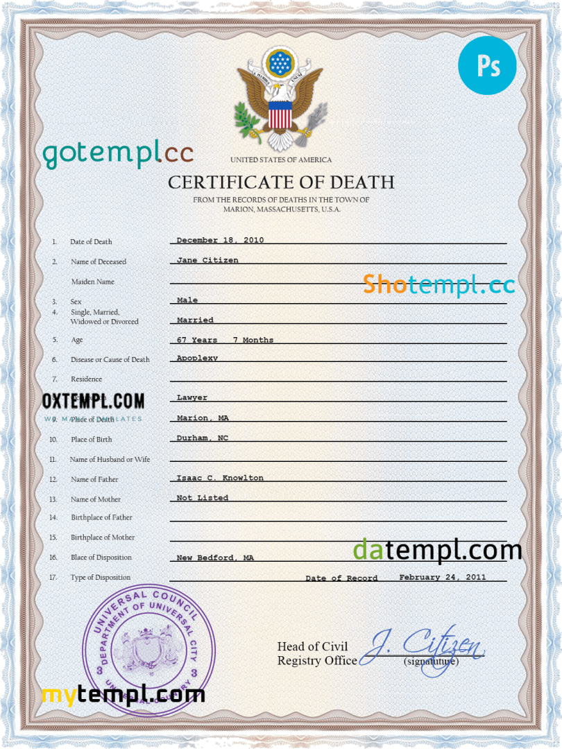 # affiliate death universal certificate PSD example, completely editable