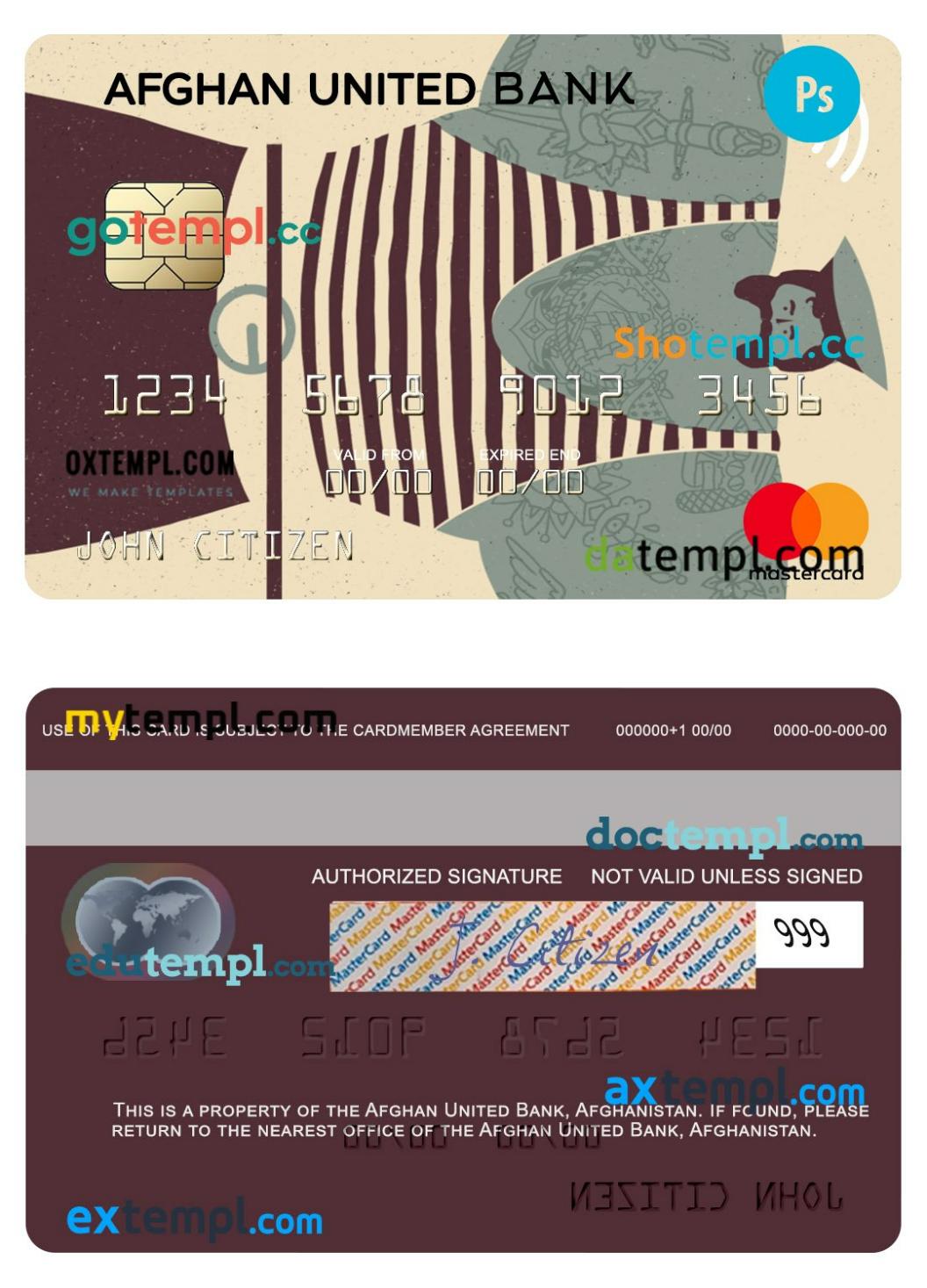 Afghanistan Afghan United Bank mastercard template in PSD format