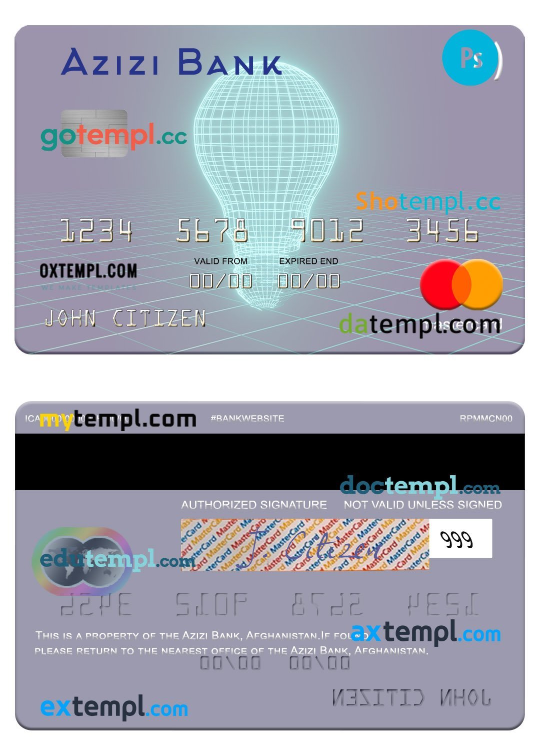 Afghanistan Azizi Bank mastercard template in PSD format