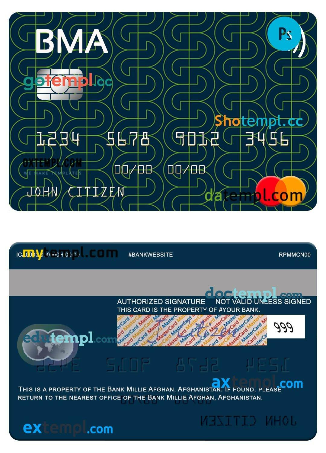 Afghanistan Bank Millie Afghan mastercard template in PSD format