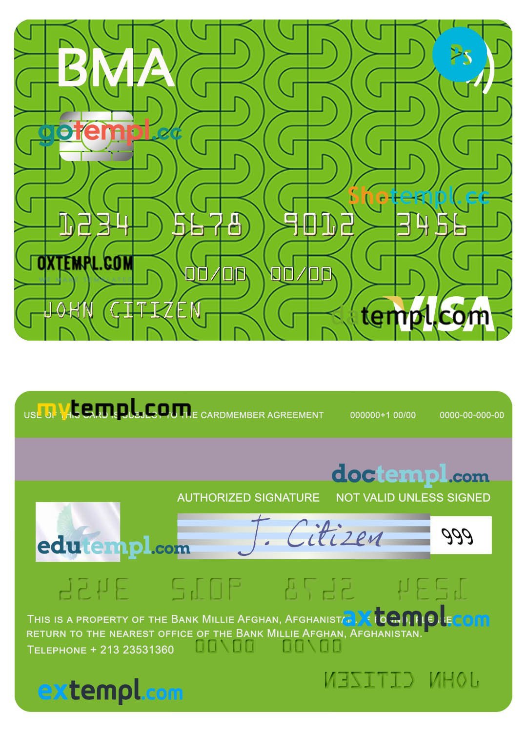 Afghanistan Bank Millie Afghan visa card template in PSD format
