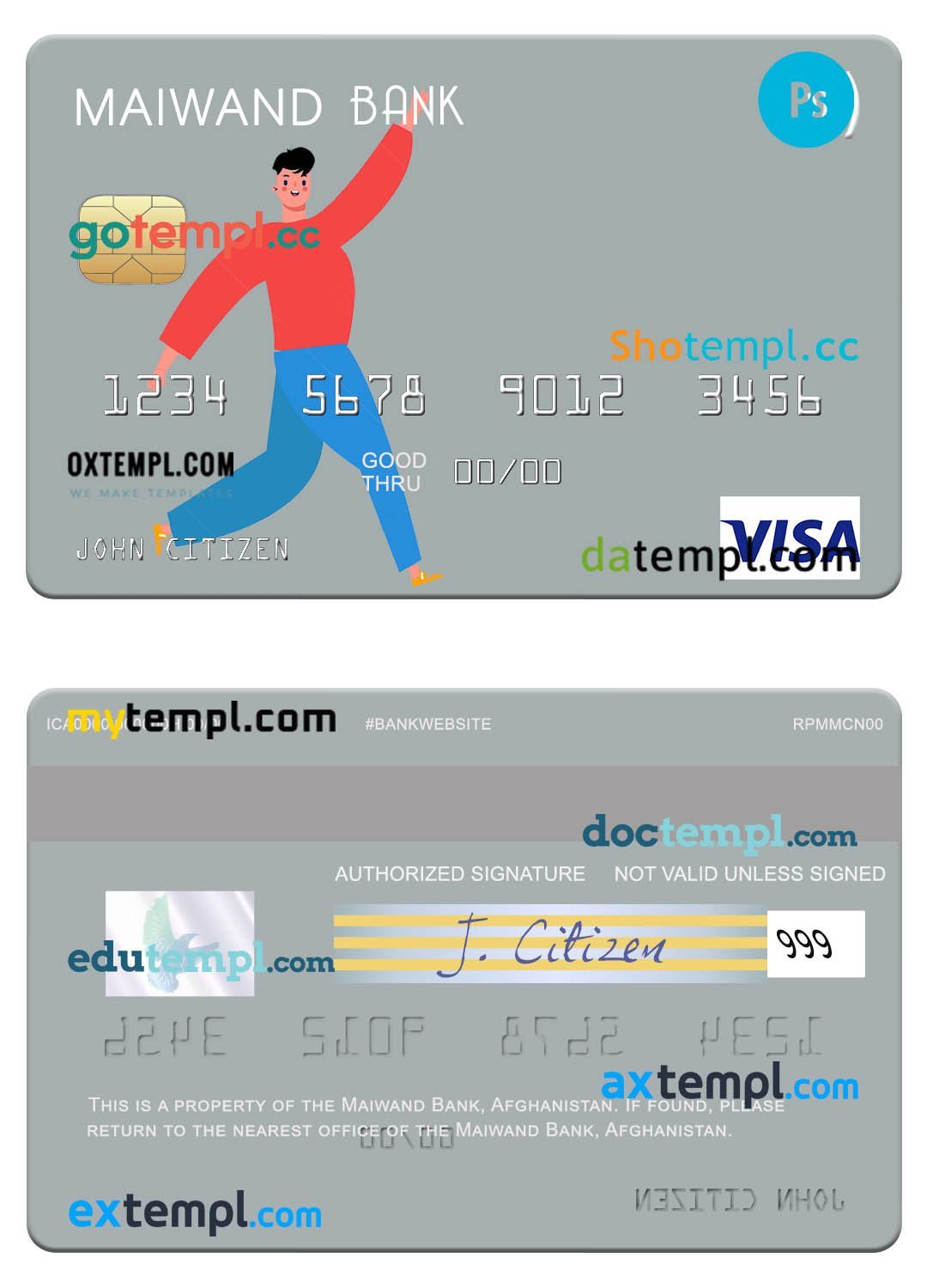 Afghanistan Maiwand Bank visa card template in PSD format