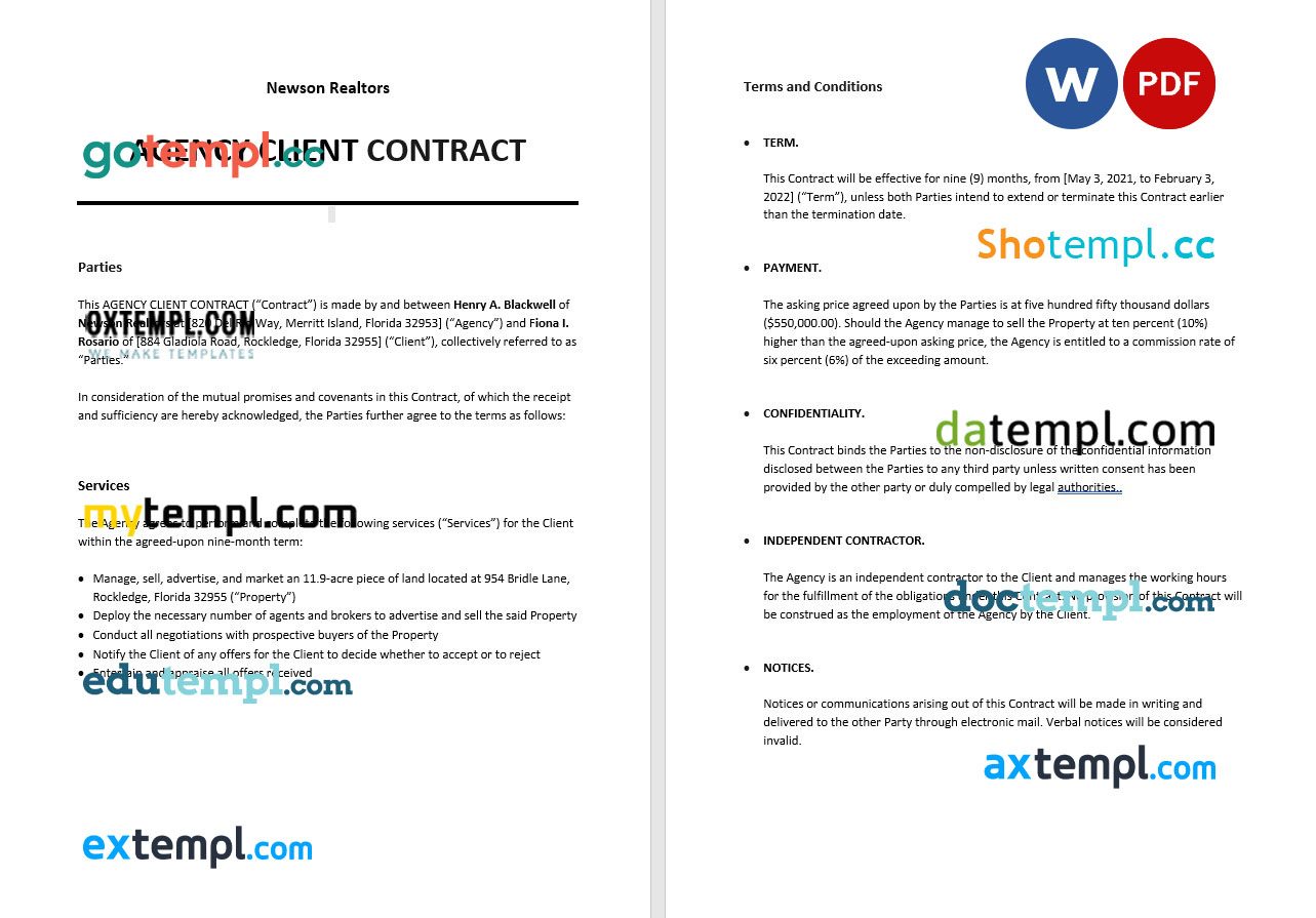 free download agency client contract example, Word and PDF format