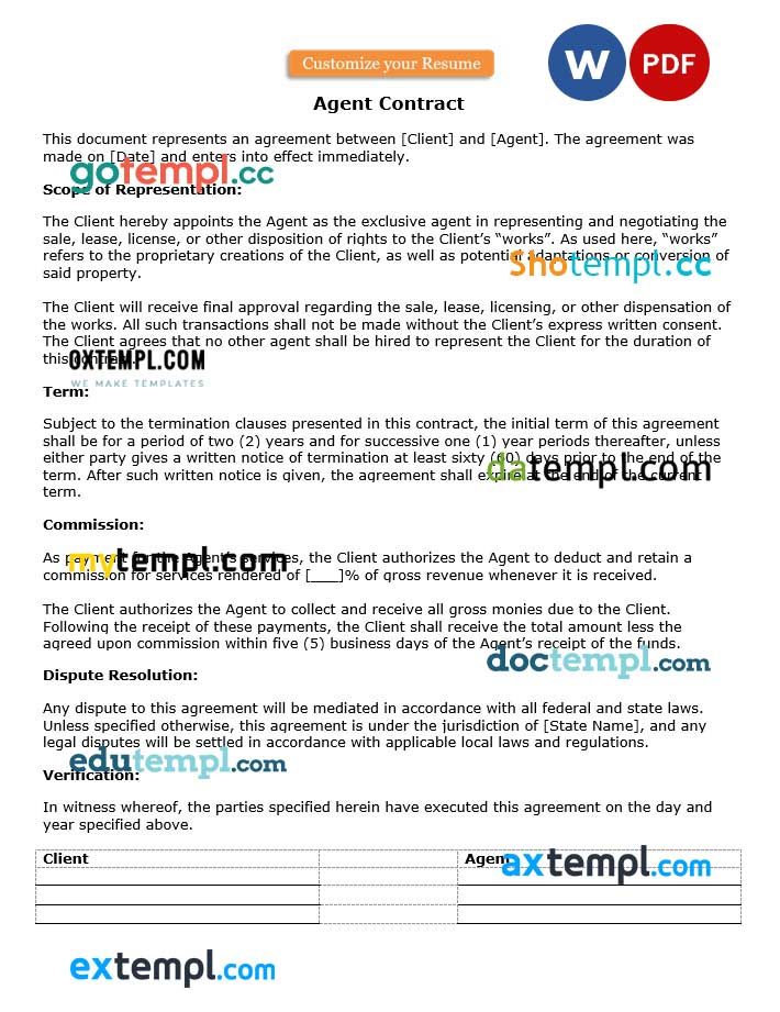 free download agent contract example, Word and PDF format