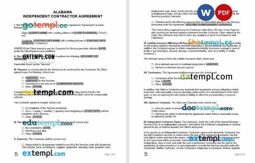 free download alabama independent contractor agreement example, Word and PDF format
