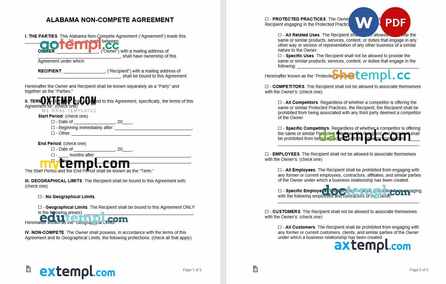 free download alabama non-compete agreement example, Word and PDF format