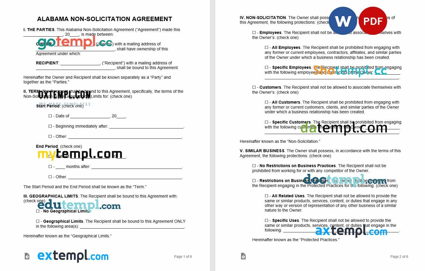 free download alabama non-solicitation agreement example, Word and PDF format