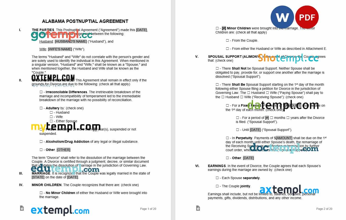 free download alabama postnuptial agreement example, Word and PDF format