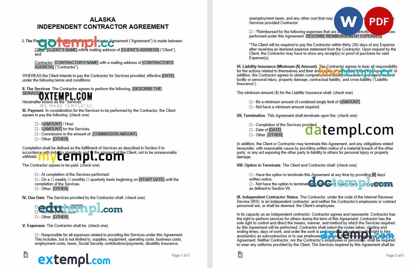 free download alaska independent contractor agreement example, Word and PDF format