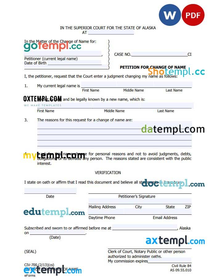 free download alaska petition for change of name example, Word and PDF format