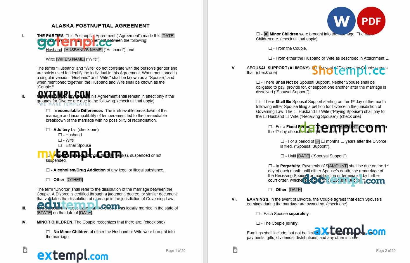free download alaska postnuptial agreement example, Word and PDF format