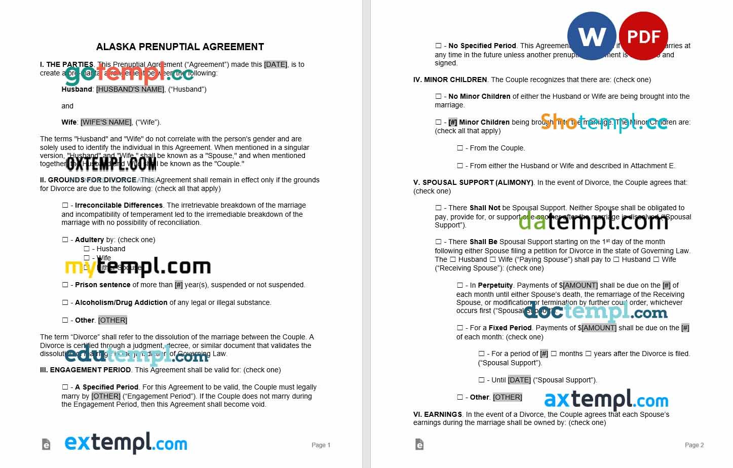 free download alaska prenuptial agreement example, Word and PDF format