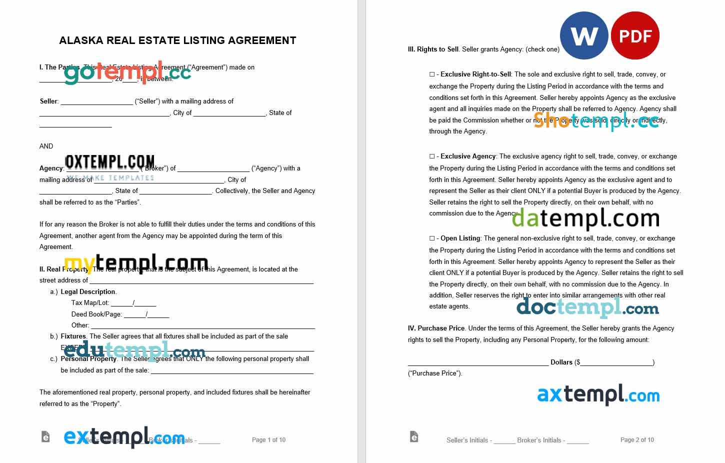 free download alaska real estate listing agreement example, Word and PDF format
