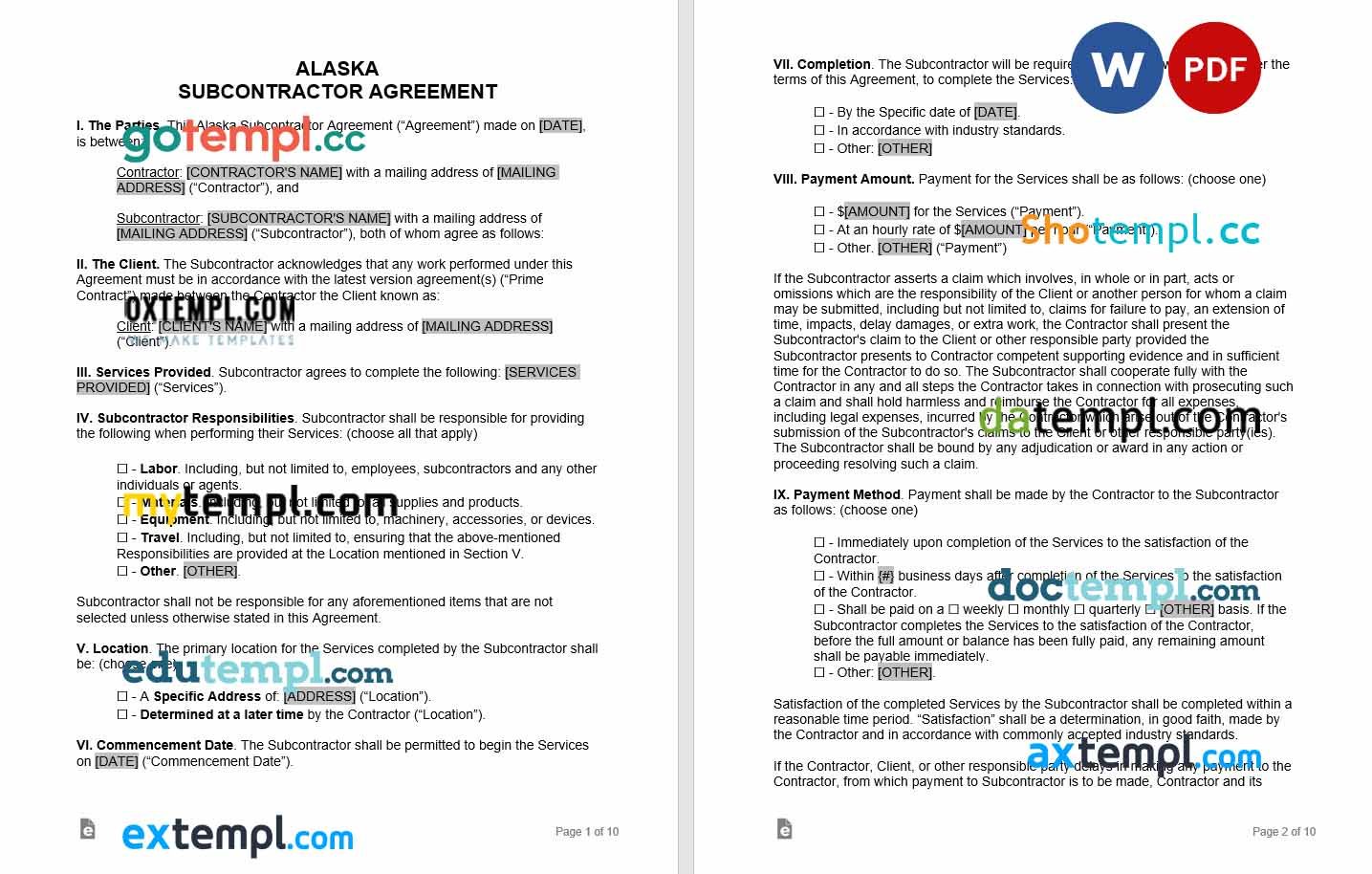 free download alaska subcontractor agreement example, Word and PDF format