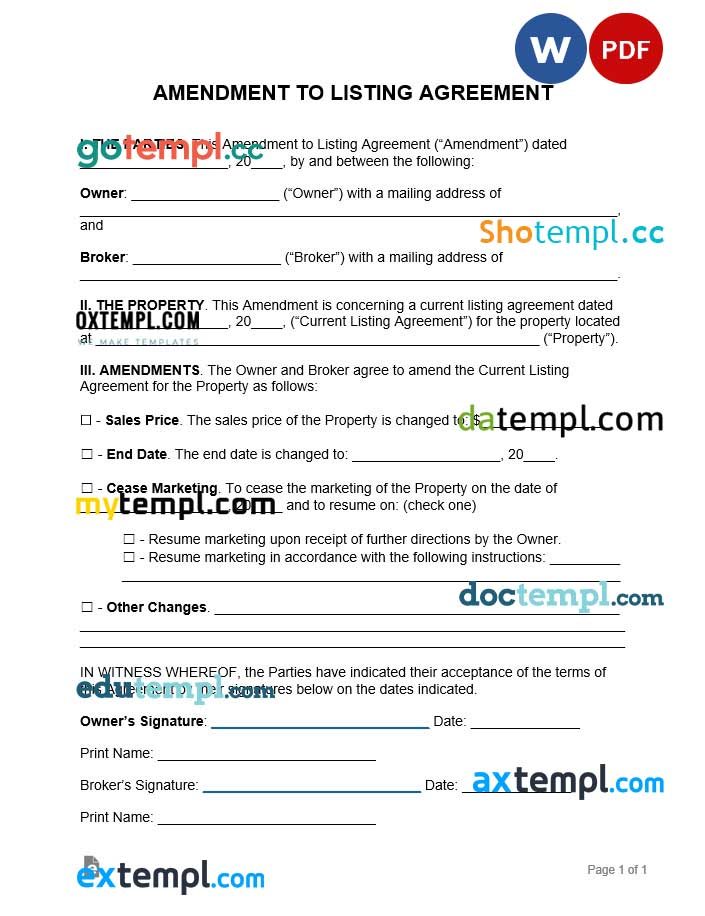free download amendment to listing agreement example, Word and PDF format