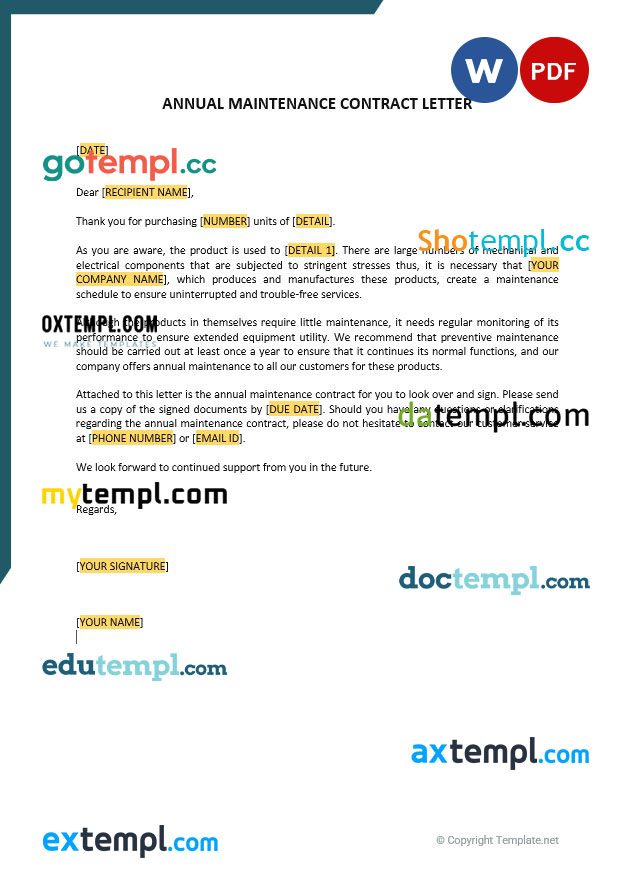 free download annual maintenance contract letter example, Word and PDF format